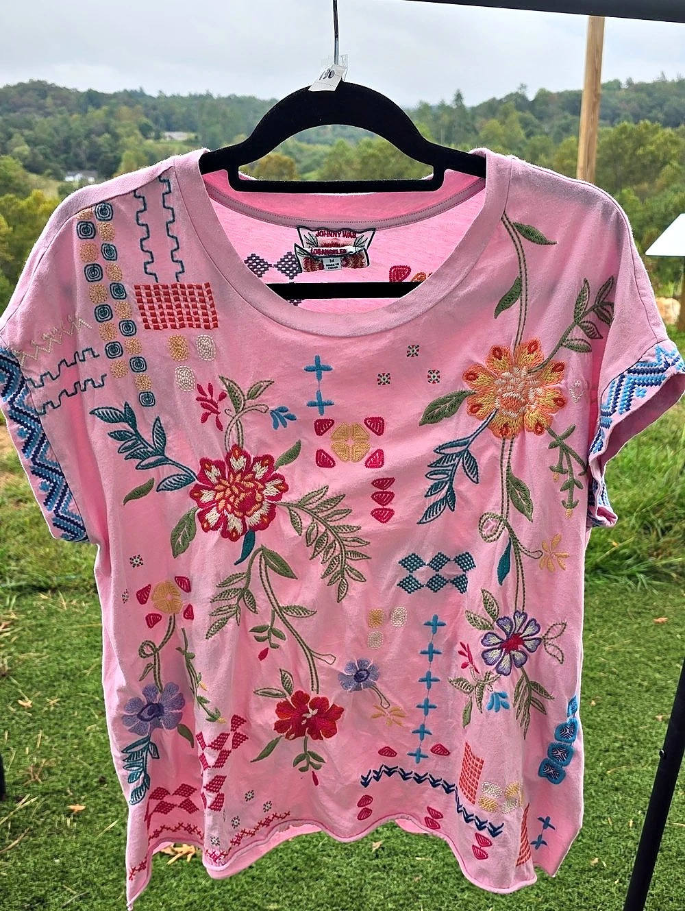 Johnny Was Floral Embroidered Tee in Pink Size Medium